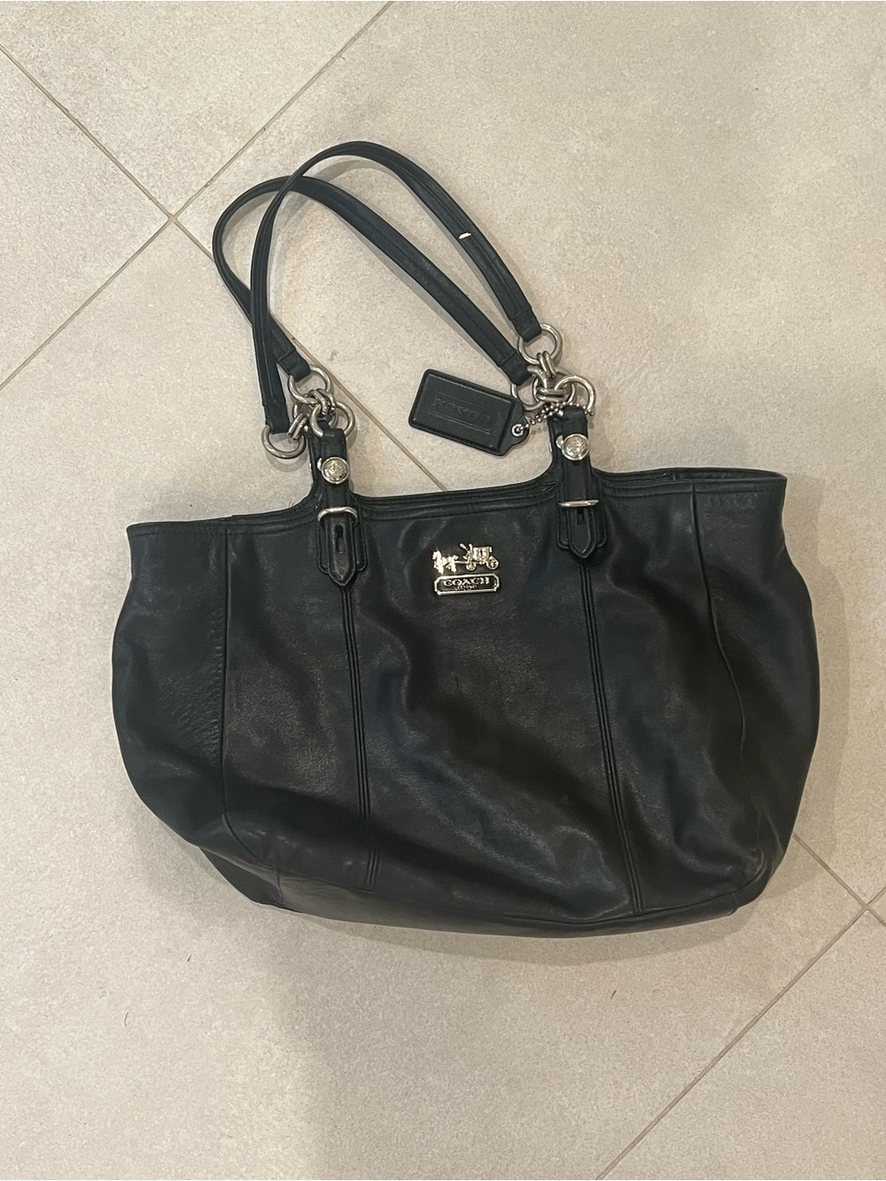 Coach Black Leather Double-Handle Tote with Silver Hardware